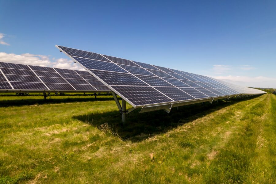 Close up view of a solar farm in a green field; blue sky above.