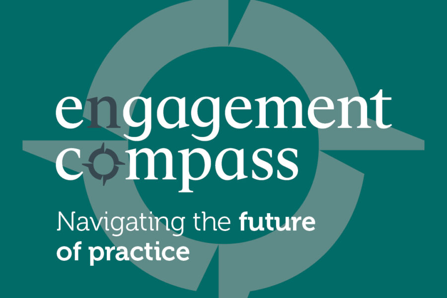 "Engagement Compass | Navigating the future of practice" Words appear in white on a dark green background, featuring a large infographic of a compass.