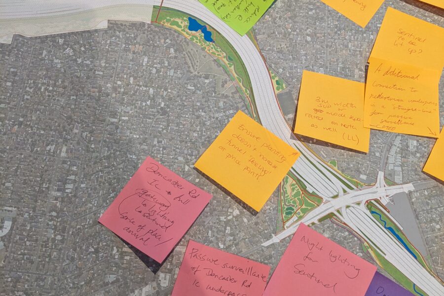 A map of North East Link covered in colourful Post-it notes with handwritten comments