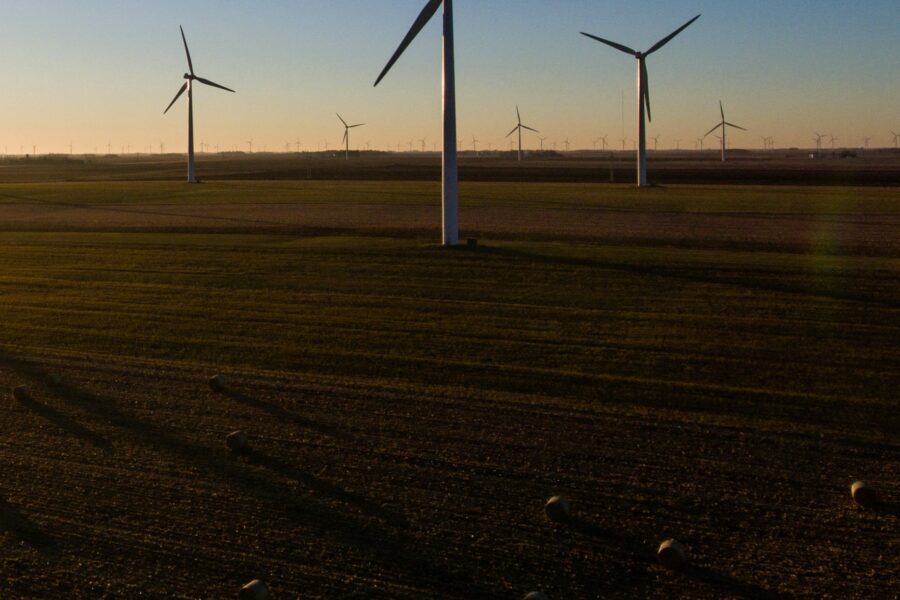 A field of wind turbines; rising sun and blue sky above.