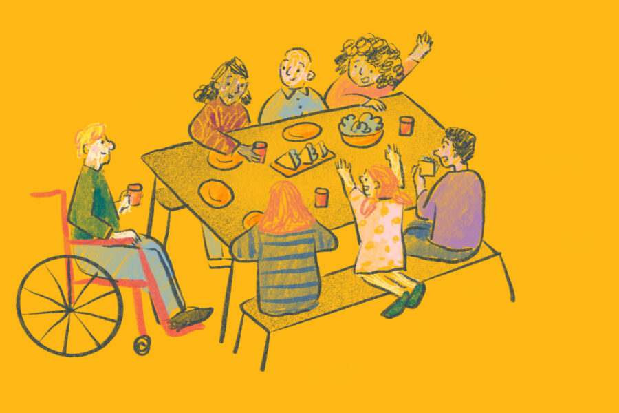 Illustration of a diverse group of people, including a child and wheelchair user, sitting around a picnic table. Image appears on a yellow background