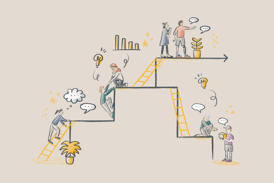 Illustration of people on various levels connected by ladders