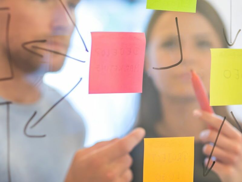 A deliberate engagement session. Two people, a man and a woman, stand behind a clear screen covered in colourful Post-it notes.