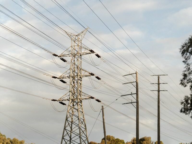Power lines. In the foreground, a person is walking along a foot path. Trees in background, blue-grey sky above