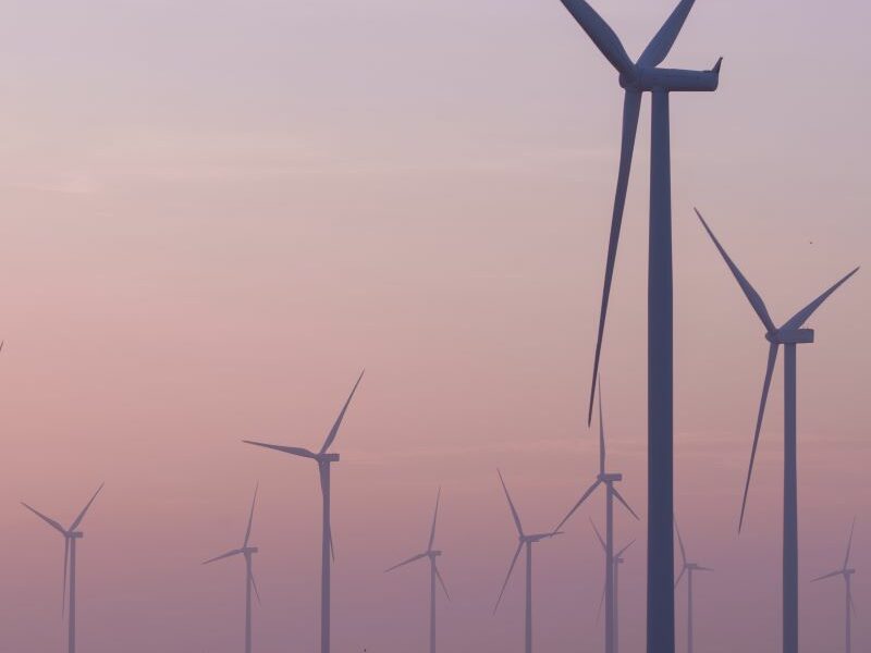 Wind turbines at sunset
