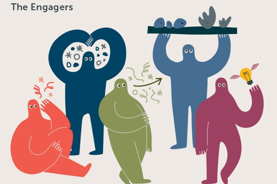 "The Engagers" Five different-coloured blob cartoon characters (navy, maroon, olive green, orange and blue) representing the five different engagement personas.